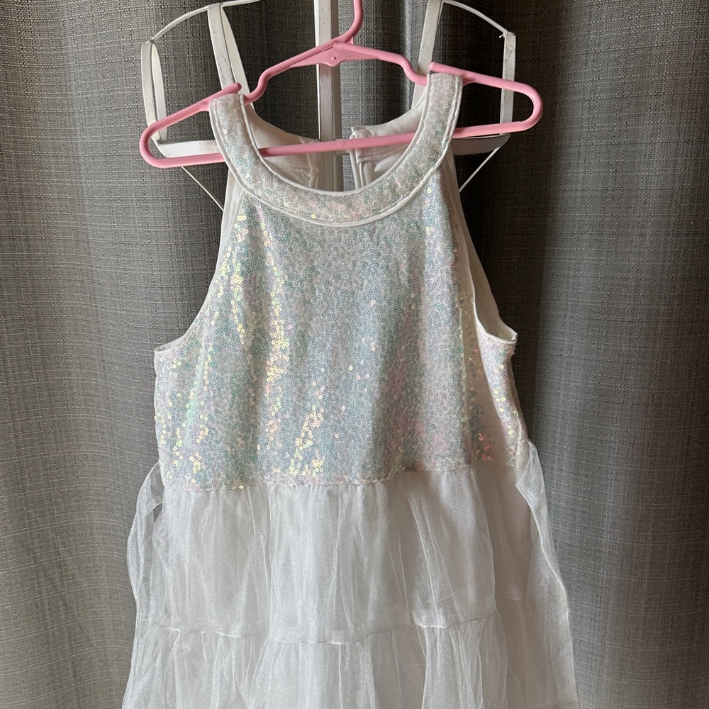 Girls' White Iridescent Sequin Tulle Formal Dress